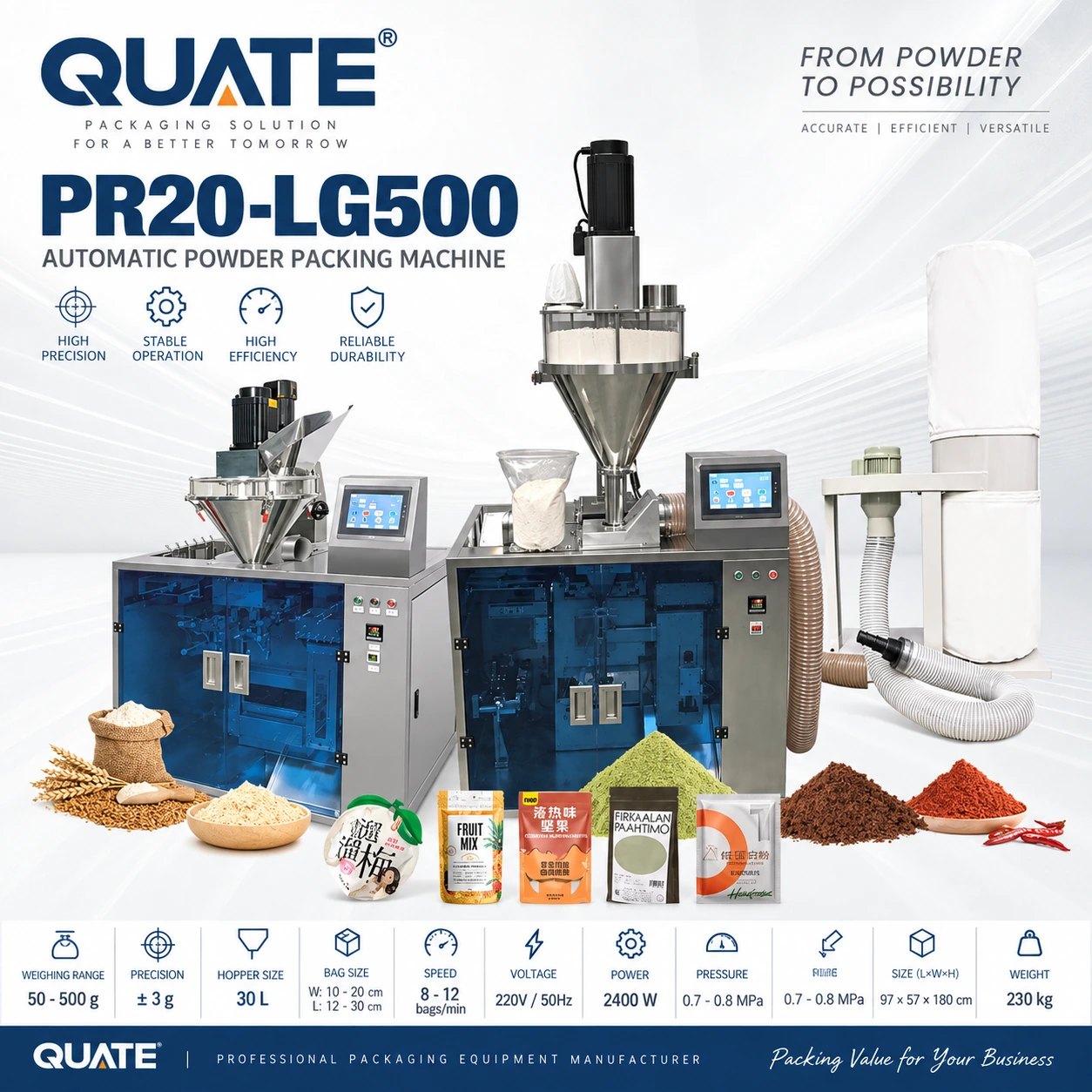 QUATE PR20 Series — Máy đóng gói bột trục vít (LG100)